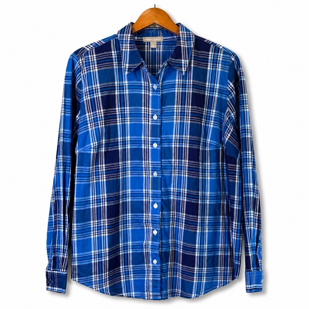 Woman Within Blue Plaid Button Shirt Womens 18/20 L LS Collared Top Office